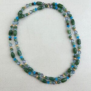 Vintage Extra Long Beaded Necklace 1980s Chunky Acrylic Beads Blue/Green/Gold
